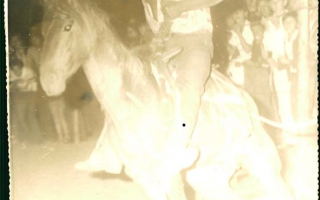 'Peão montando cavalo, atrás da foto está escrito Marlúcio da D. Merinda década de 80
