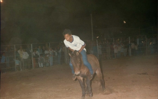 'Menino montando um burro na arena década de 80